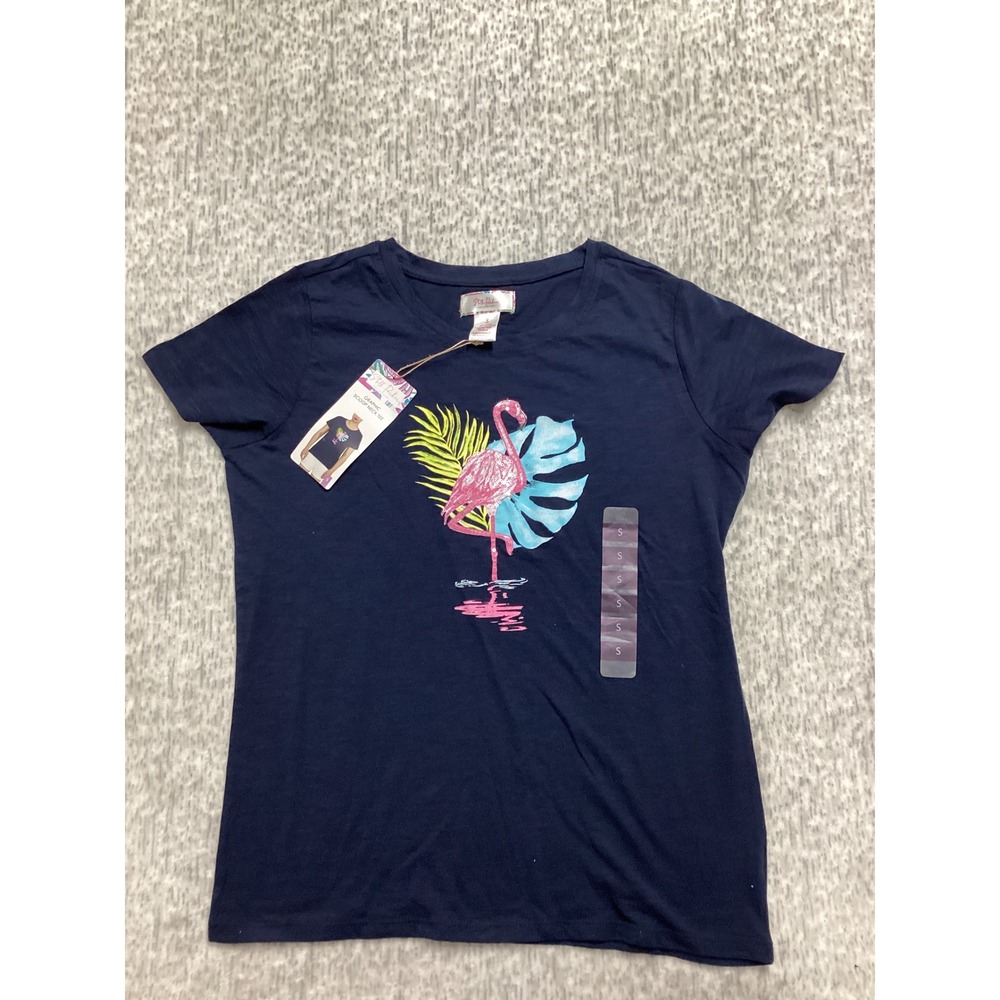 Stella Parker Navy Flamingo Graphic Scoop Neck Tee Sequin Tropical Small 309726